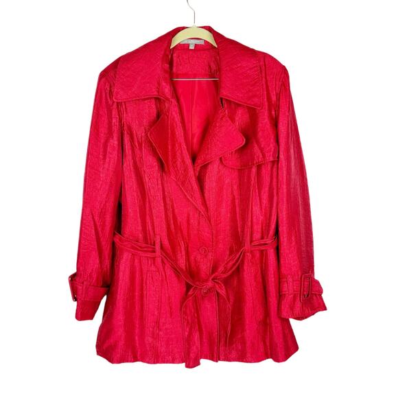 Ny Collection Red Textured Satin Button Up Belted Lined Light Trench Coat Sz 3X - Picture 1 of 9